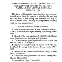 Twenty-Second Annual Report of the Genealogical Society of Pennsylvania, at the Annual Meeting, March 2, 1914
