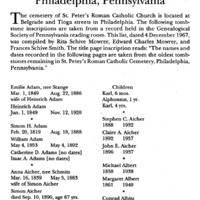 Tombstone Inscriptions, St. Peter's Roman Catholic Cemetery, Philadelphia, Pennsylvania